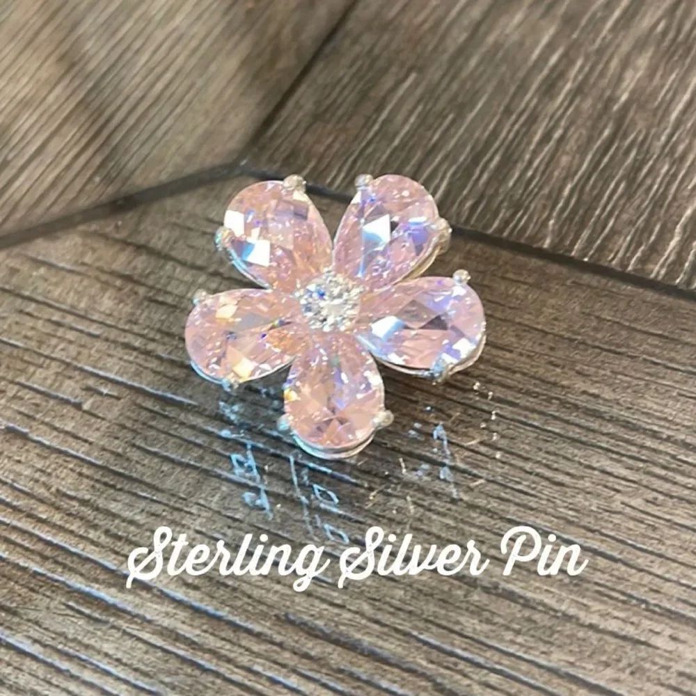STERLING SILVER PINK TOURNALINE JC FLOWER BROOCH PIN 925 CRYSTAL